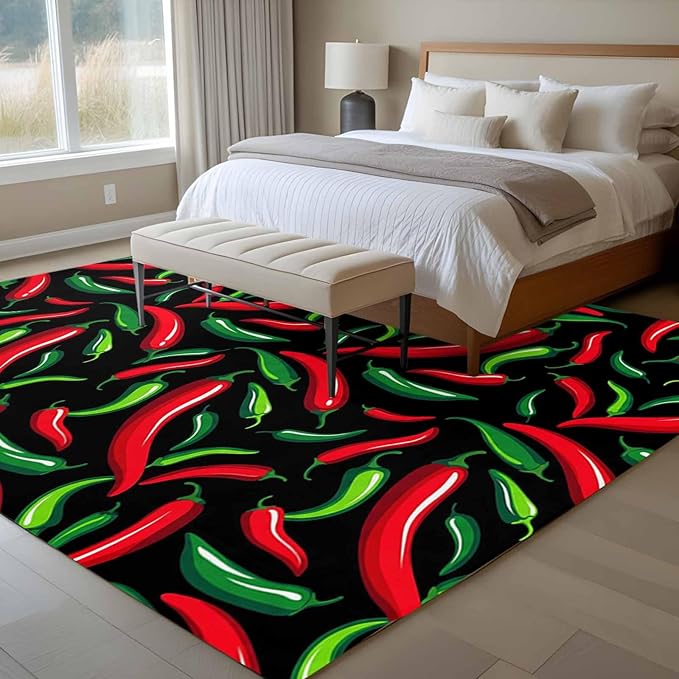 Area Rug 6x9ft, Spicy Chili Pepper Pattern Washable Rugs for Living Room Bedroom, Red Green Peppers on Black Soft Non-Slip Area Rugs Rectangle Floor Carpet for Dining Room
