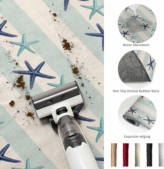 Area Rug 8x10ft, Summer Ocean Blue Teal Starfish Washable Rugs for Living Room Bedroom, Sea Star on Farmhouse Linen Soft Non-Slip Area Rugs Rectangle Floor Carpet for Dining Room