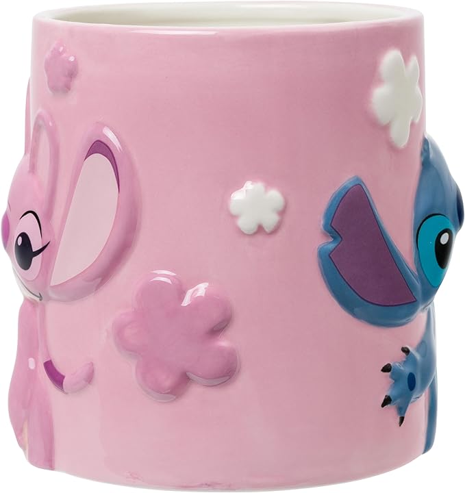 Silver Buffalo Disney Lilo and Stitch Featuring Angel Flowers Embossed 3D Ceramic Mug, 20 Ounces