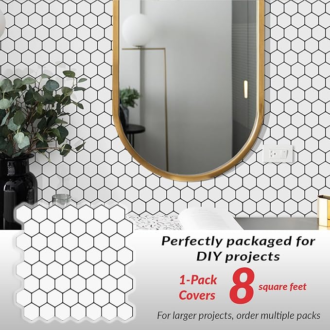 DÉCOR WOW Peel & Stick Backsplash for Kitchen & Bathroom, (8) 12x12-inch Sheets Covers 8 Sq. Ft, White Hexagon