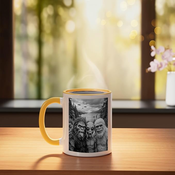Bigfoot Alien Loch Ness Monster UFO Selfie Funny Cryptid Art Ceramic Mug, Yellow/White