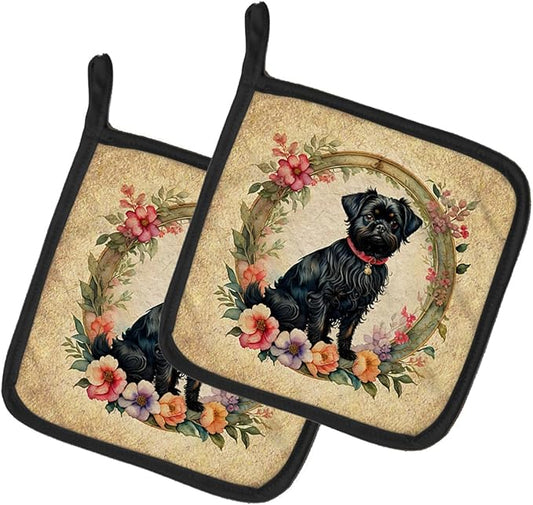Caroline's Treasures Affenpinscher and Flowers Pair of Pot Holders Kitchen Heat Resistant Pot Holders Sets Oven Hot Pads for Cooking Baking BBQ, 7 1/2 x 7 1/2
