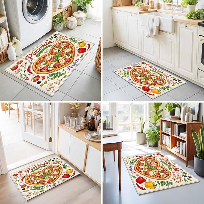 Area Rug 2x3ft, Cartoon Pizza Watercolor Graffiti Washable Rugs for Living Room Bedroom, Farmhouse Vegetable Leaves Soft Non-Slip Area Rugs Rectangle Floor Carpet for Dining Room