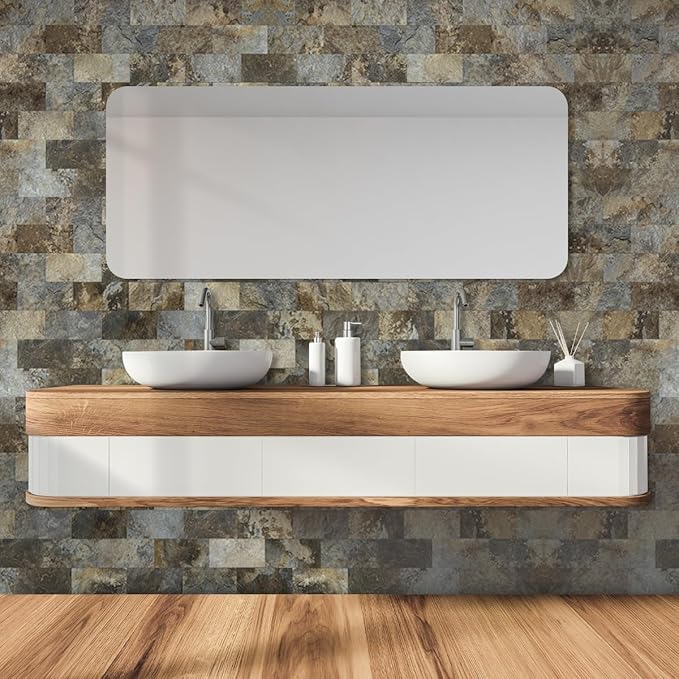 AULIGET 4-Piece Beige & Brown Slate Peel and Stick Backsplash Wall Tiles, 3" x 6" PVC Faux Stone Stick on Tile for Backsplash Kitchen, Bathroom, Laundry Room, Camper, Fireplace