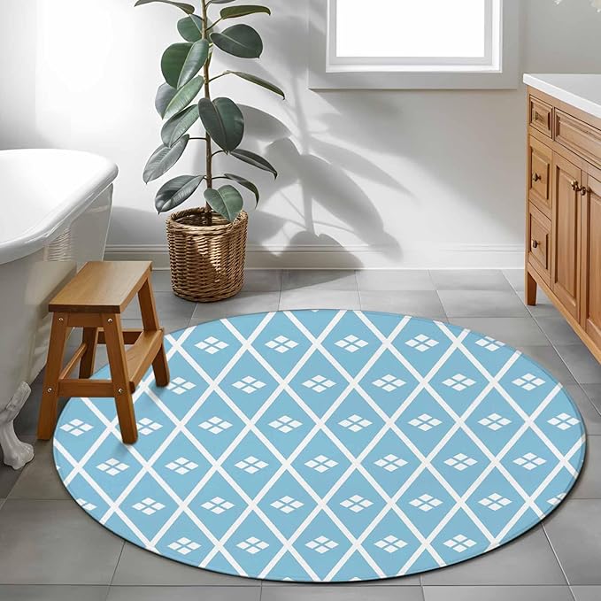 Washable Round Area Rug Boho Blue White Plaid Line Circle Rugs Floor Carpet for Living Room Bedroom, Abstract Geometric Diamond Soft Non Slip Round Rug 3ft