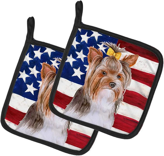 Caroline's Treasures BB9723PTHD Yorkshire Terrier #2 Patriotic Pair of Pot Holders Kitchen Heat Resistant Pot Holders Sets Oven Hot Pads for Cooking Baking BBQ, 7 1/2 x 7 1/2
