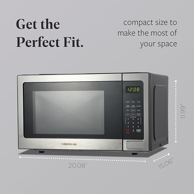 Farberware 1.1 Cu. Ft. Countertop Microwave Oven – 1000 Watts Power, Auto Cook Settings, Defrost, Easy Clean and Child Safety Lock - Stainless