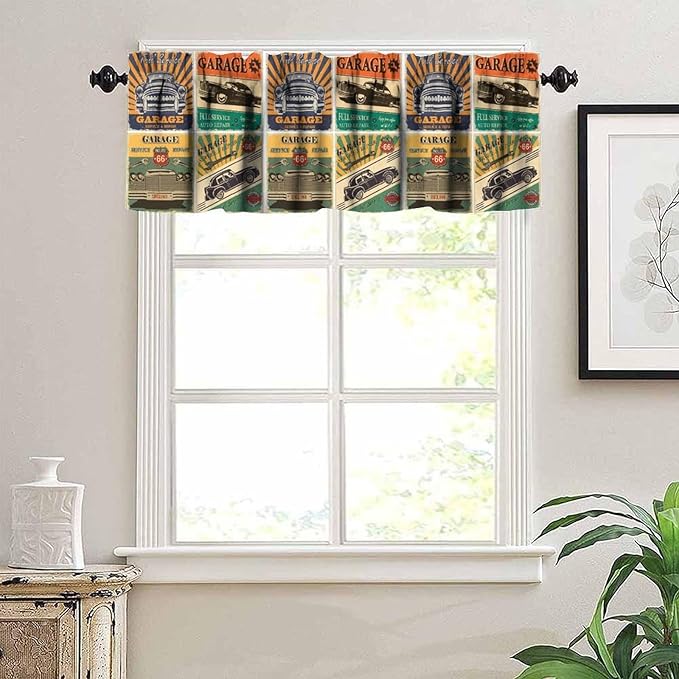 Cars Valance Curtain Vintage Car Stall Retro Garage Repair Shop Rod Pocket Valance Window Treatments Short Curtains for Kitchen Bathroom Farmhouse Living Room Decor 54x18inch