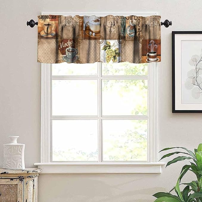 Retro Coffee Valance Curtain, Vintage Cappuccino Mocha Drinks Collage Short Window Drape for Cafe Kitchen Bedroom Dining Living Room Home Decoration, 54x18Inch
