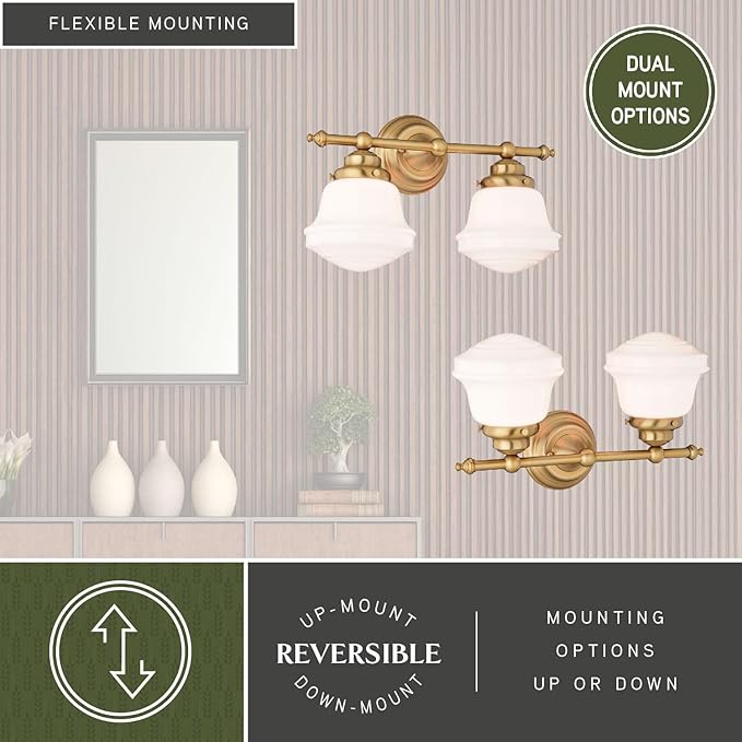 VAXCEL Huntley 2-Light 16 inch Wide Natural Brass Gold Farmhouse Bathroom Vanity Lighting Fixture, White Schoolhouse Milk Glass Globe Shade, Dimmable, LED Compatible, Over The Mirror Wall Mounted