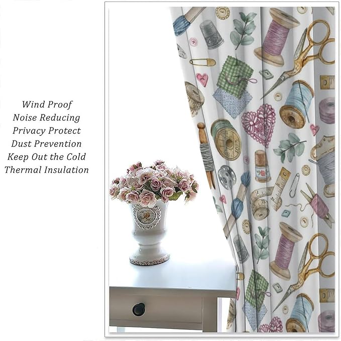 Sewing Mashine Window Curtain,Vintage Style Sewing Tool Needle Thread Watercolor Blackout Curtains for Bedroom Cafe Dining Room Office Living Room Kitchen Drapes, 42x45 in