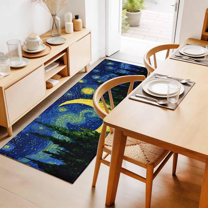 Runner Rug for Bedroom Hallway, Giant Moon Forest Expressionist Art Kitchen Runner Rugs Area Rug 2x6ft, Dreamy Night Navy Blue Washable Soft Floor Carpet for Entryway Stair