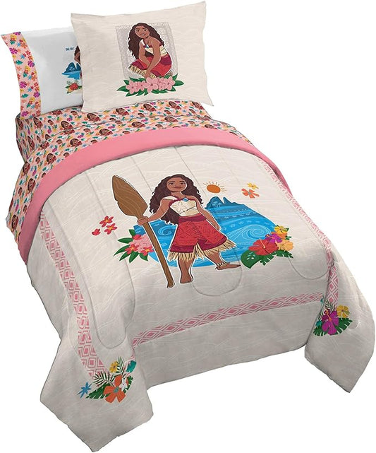Jay Franco Disney Moana Twin Comforter Set - 5 Piece Bedding Includes Sheet Set & Pillow Covers - Super Soft Floral Cozy Bedding
