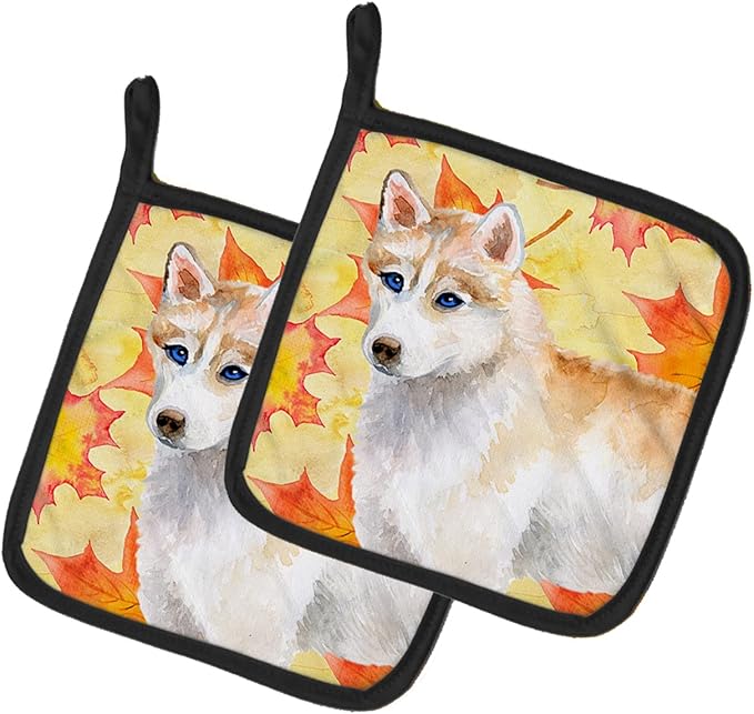 Caroline's Treasures BB9916PTHD Siberian Husky Fall Pair of Pot Holders, Yellow Kitchen Heat Resistant Pot Holders Sets Oven Hot Pads for Cooking Baking BBQ, 7 1/2 x 7 1/2
