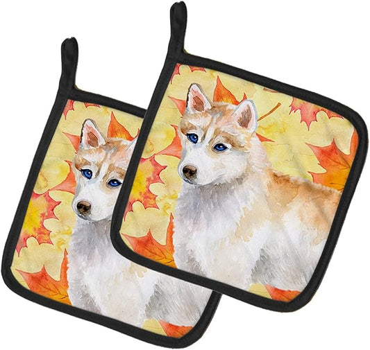 Caroline's Treasures BB9916PTHD Siberian Husky Fall Pair of Pot Holders, Yellow Kitchen Heat Resistant Pot Holders Sets Oven Hot Pads for Cooking Baking BBQ, 7 1/2 x 7 1/2
