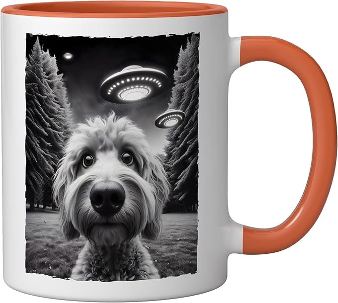 Funny Golden Doodle Selfie UFO Encounters for Dog Lovers Ceramic Mug, Orange/White