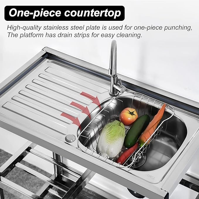 Single Bowl Stainless Steel Sink,Commercial Restaurant Kitchen Sink Drainer Kitchen Restaurant Storage Shelf with Faucet Combo with Strainer for Laundry Garage Commercial Indoor Outdoor