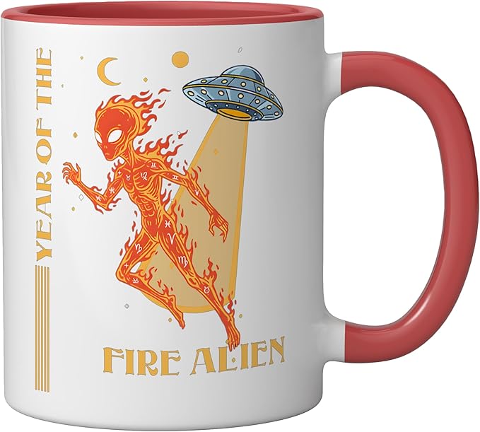 Year of the Fire Alien Chinese Zodiac Celestial Astrology Ceramic Mug, Red/White