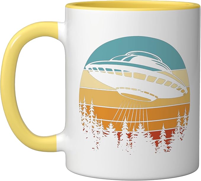Alien UFO Flying Saucer Abduction Retro Ceramic Mug, Yellow/White