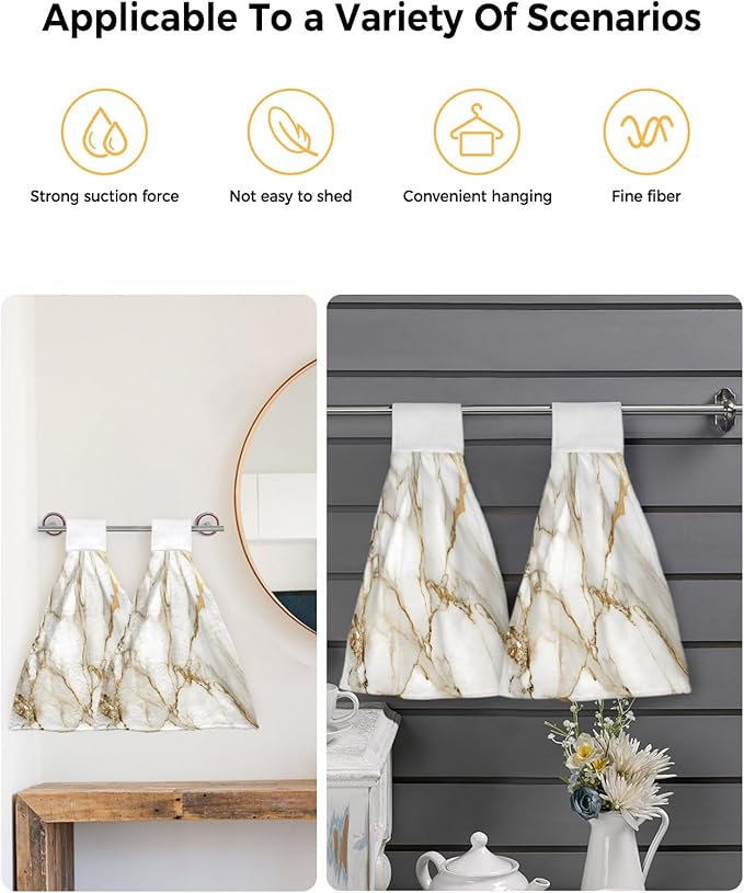 Alandar Home Kitchen Tie Towel Set of 2, Abstract Marble Gold Stripe Art Absorbent Soft Hand Towels for Bathroom Hanging Towels, Watercolor Natural White Stone Fast Drying Cleaning Cloth with Loop