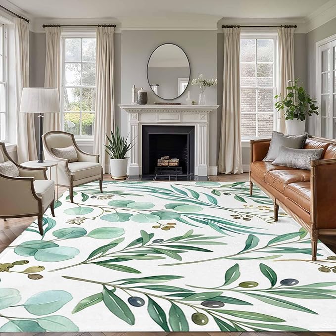 Area Rug 8x10ft, Watercolor Eucalyptus Leaves Washable Rugs for Living Room Bedroom, Spring Green Foliage Branch Soft Non-Slip Area Rugs Rectangle Floor Carpet for Dining Room
