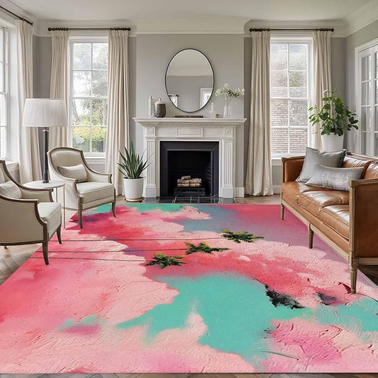 Area Rug 8x10ft, Summer Dreamy Pink Cloud Washable Rugs for Living Room Bedroom, Watercolor Tropical Palm Tree Soft Non-Slip Area Rugs Rectangle Floor Carpet for Dining Room