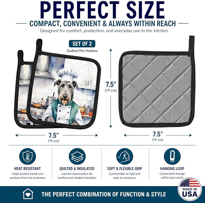 Caroline's Treasures Irish Wolfhound The Chef Pair of Pot Holders Kitchen Heat Resistant Pot Holders Sets Oven Hot Pads for Cooking Baking BBQ, 7 1/2 x 7 1/2