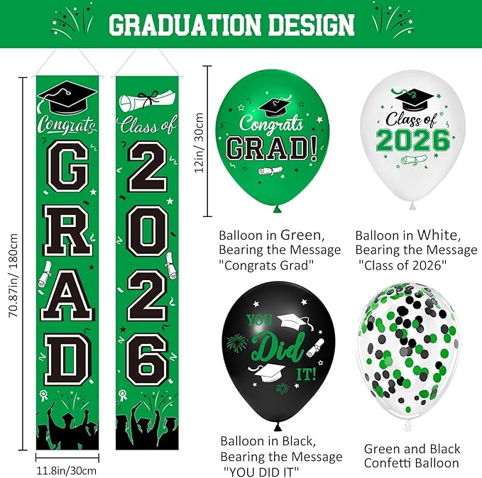 Graduation Decorations Class of 2026 - Green Graduation Party Supplies Include Grad Backdrop, Banner, Hanging Swirls, Porch Sign, Balloons, Foil Number 2026 for Congrats Grad Party Decorations