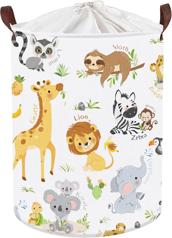 Clastyle Large Alphabet Animal Hamper for Nursery Kid Room Giraffe Lion Boy Girl Laundry Basket with Handle Elephant Collapsible Zebra Clothes Toy Storage Basket with Lid