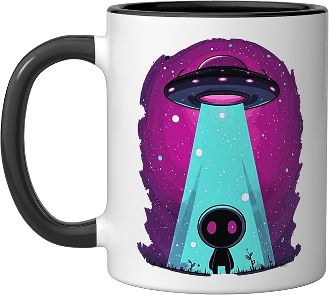 Cute Alien Abduction UFO Retro Space Sci Fi Kawaii Ceramic Mug, Black/White