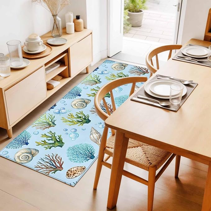 Runner Rug for Bedroom Hallway, Coastal Shell Coral Bubble Kitchen Runner Rugs Area Rug 2x6ft, Nautical Ocean Blue Underwater Scene Washable Soft Floor Carpet for Entryway Stair