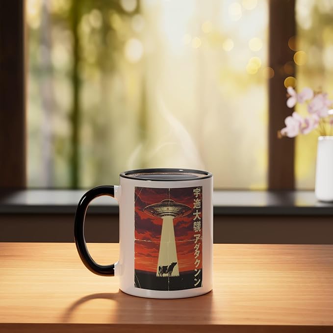 Retro UFO Abduction Cow Japanese Sci Fi Sunset Art Ceramic Mug, Black/White