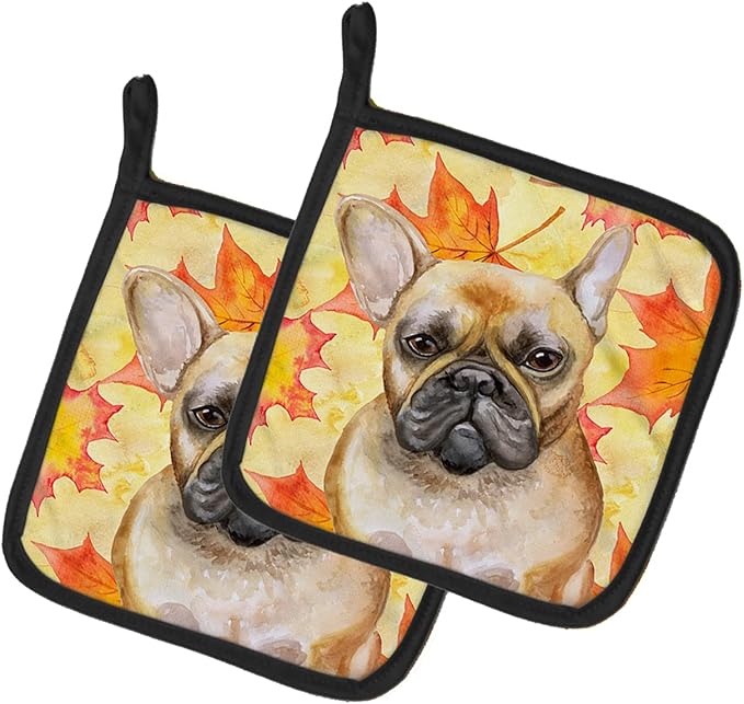 Caroline's Treasures BB9949PTHD French Bulldog Fall Pair of Pot Holders, Yellow Kitchen Heat Resistant Pot Holders Sets Oven Hot Pads for Cooking Baking BBQ, 7 1/2 x 7 1/2