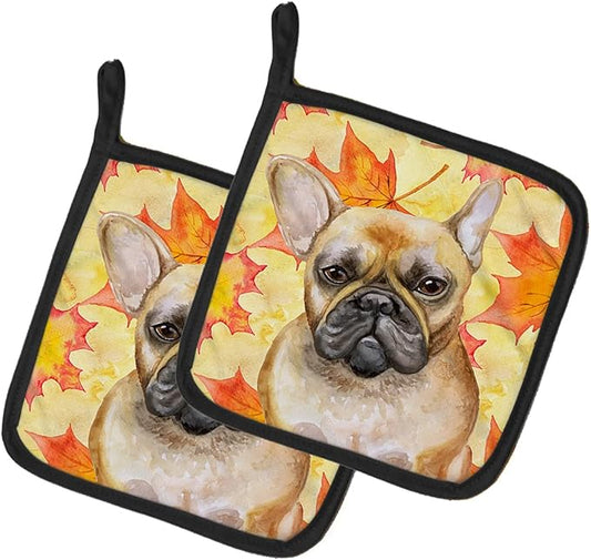 Caroline's Treasures BB9949PTHD French Bulldog Fall Pair of Pot Holders, Yellow Kitchen Heat Resistant Pot Holders Sets Oven Hot Pads for Cooking Baking BBQ, 7 1/2 x 7 1/2