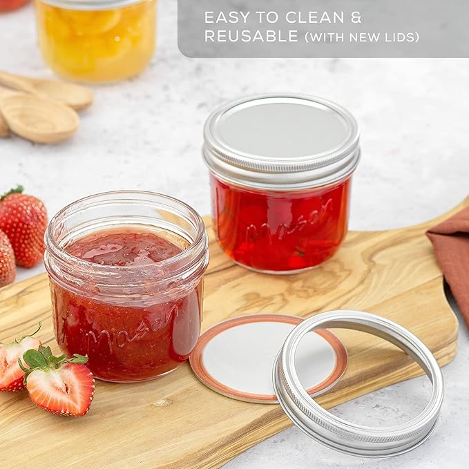 JoyJolt 8 Oz Mason Jars With Lids, Labels and Measures! 6-Pack Wide Mouth Mason Jars, Glass Jar with Lid and Band. Airtight Canning Jars, Overnight Oats Jars, Salad Jars, Sourdough Starter Jar