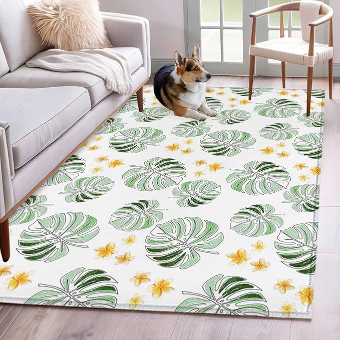 Area Rug 4x6ft, Summer Palm Leaves Pattern Washable Rugs for Living Room Bedroom, Scattered Starburst Flowers Soft Non-Slip Area Rugs Rectangle Floor Carpet for Dining Room
