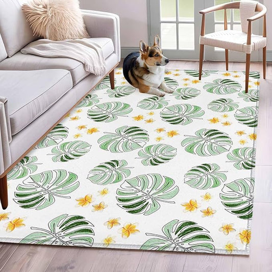 Area Rug 4x6ft, Summer Palm Leaves Pattern Washable Rugs for Living Room Bedroom, Scattered Starburst Flowers Soft Non-Slip Area Rugs Rectangle Floor Carpet for Dining Room
