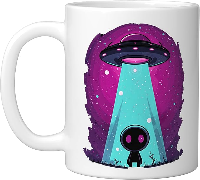 Cute Alien Abduction UFO Retro Space Sci Fi Kawaii Ceramic Mug, White