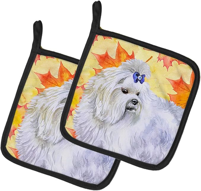 Caroline's Treasures BB9912PTHD Maltese Fall Pair of Pot Holders, Yellow Kitchen Heat Resistant Pot Holders Sets Oven Hot Pads for Cooking Baking BBQ, 7 1/2 x 7 1/2