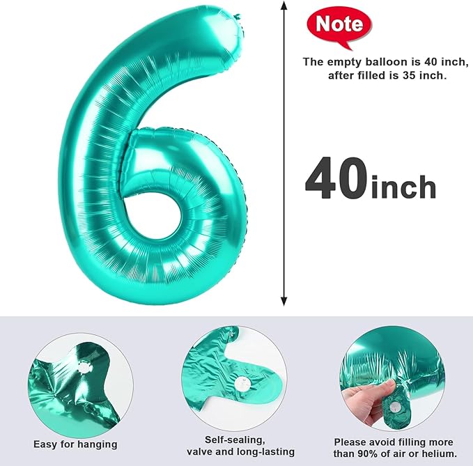 Number 6 Balloon 40 Inch, 6 7 Six Seven Birthday Decorations, 6th Birthday Balloon for Boy Girl, Blue-green 16 60 61 65 Numbers Balloons Graduations Anniversary Supplies