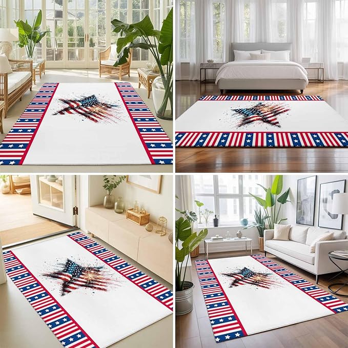 Area Rug 9x12ft, 4th of July Stars Stripes Abstract Flag Washable Rugs for Living Room Bedroom Rectangle Floor Carpet, Patriotic Theme Soft Non-Slip Area Rugs for Dining Room