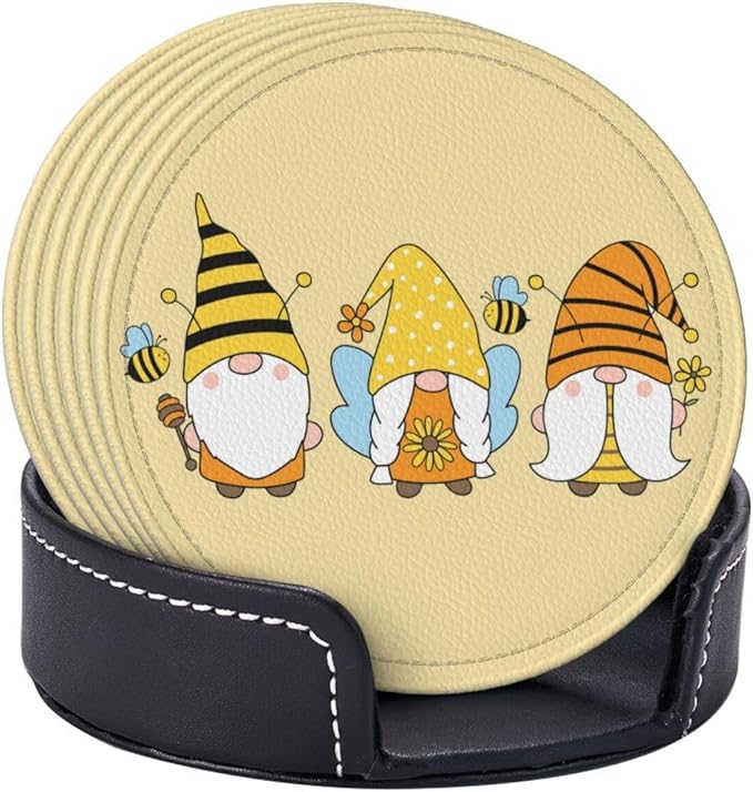 Famame 6 Pcs Happy Bee Gnome Sunflower Leather Coasters for Drinks with Holder Coaster Sets Drink Table Cup Coasters for Living Room Kitchen Coffee Decor