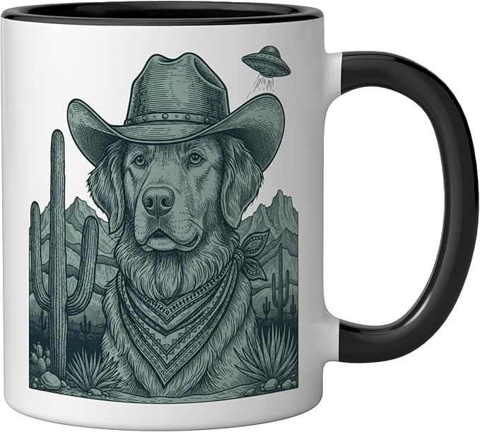 Cowboy Golden Retriever With Ufo Western Dog Art Ceramic Mug, Black/White
