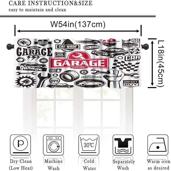 Car Service Garage Symbol Valances Curtains, Transportation Vehicle Icon Set, Design Elements of Logo Windows Short Curtain Valance for Kitchen Bedroom With Rod Pocket, 1 Panel 54X18 Inches