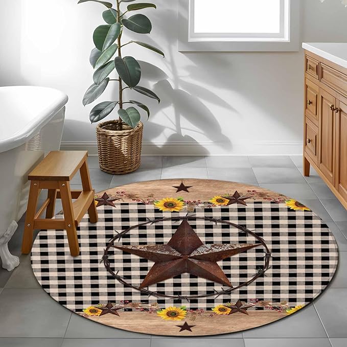 Washable Round Area Rug Western Star Farm Sunflower Circle Rugs Floor Carpet for Living Room Bedroom, Vintage Wood Grain Black Buffalo Plaid Soft Non Slip Round Rug 3ft