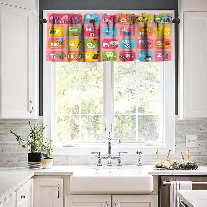 ABC Valance Curtain, Cute Pink Educational Alphabet A to Z Kids Boys Girls Window Treatment for Kitchen Bedroom Nursery Classroom, 54x18Inch