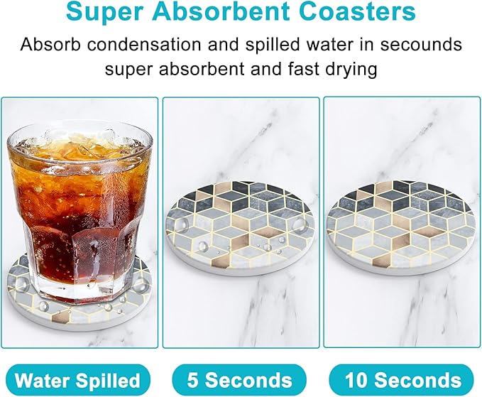 Nipichsha Coasters for Drinks, Set of 6 Cute Absorbent Ceramic Drink Coasters for Cup with Holder and Cork Base, Kitchen Home Decor Housewarming Gift, Round 4 in, Gray Gold Rhombus