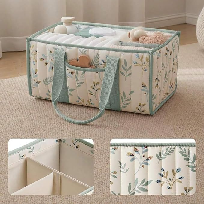 Quilted Fabric Storage Basket Floral Baby Diaper Caddy Quilted Basket for Nursery Bedroom Car Storage (L- Light Green)