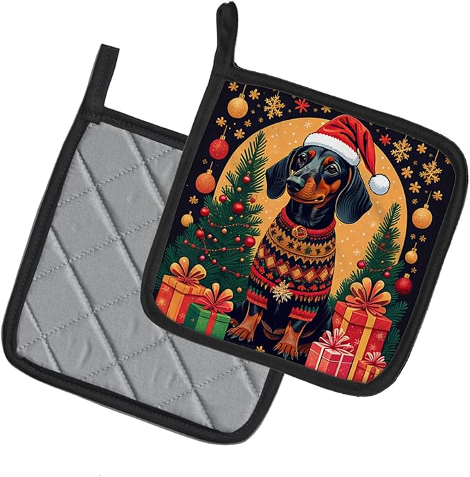 Caroline's Treasures Black and Tan Dachshund Christmas Pair of Pot Holders Kitchen Heat Resistant Pot Holders Sets Oven Hot Pads for Cooking Baking BBQ, 7 1/2 x 7 1/2
