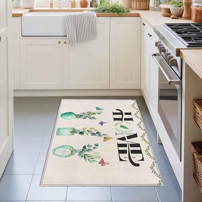 Area Rug 2x3ft, Rustic Home Text Eucalyptus Leaf Washable Rugs for Living Room Bedroom, Farmhouse Butterfly Retro Linen Soft Non-Slip Area Rugs Rectangle Floor Carpet for Dining Room